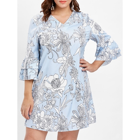 Rosegal for Curves Collection Dresses & Skirts - Plus Size Ruffle Sleeve Floral Print Shift Dress